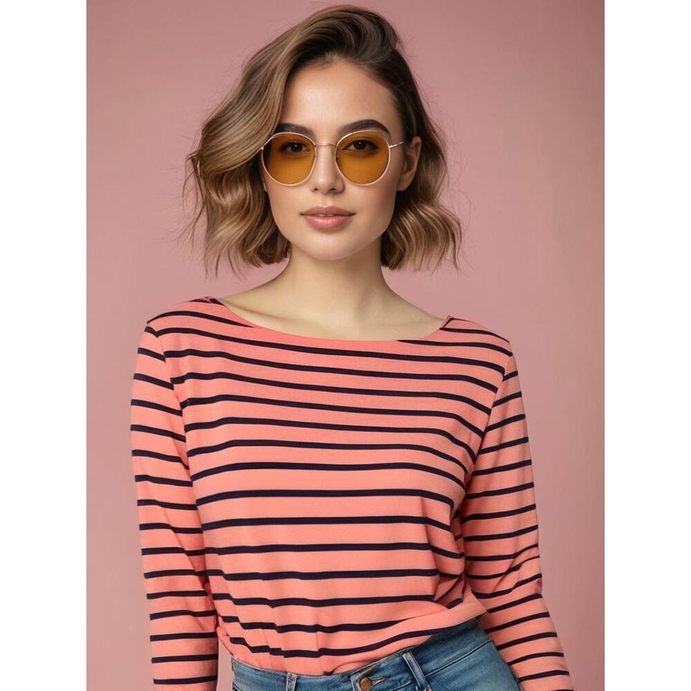 L.L. Bean Women's Medium Pink & Navy Striped 3/4 Sleeve Boat Neck‎ Blouse